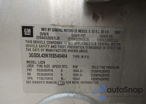 2008 Saturn Vue V6 Xe z USA, uszkodzony, nr VIN 3GSDL43N78S549484